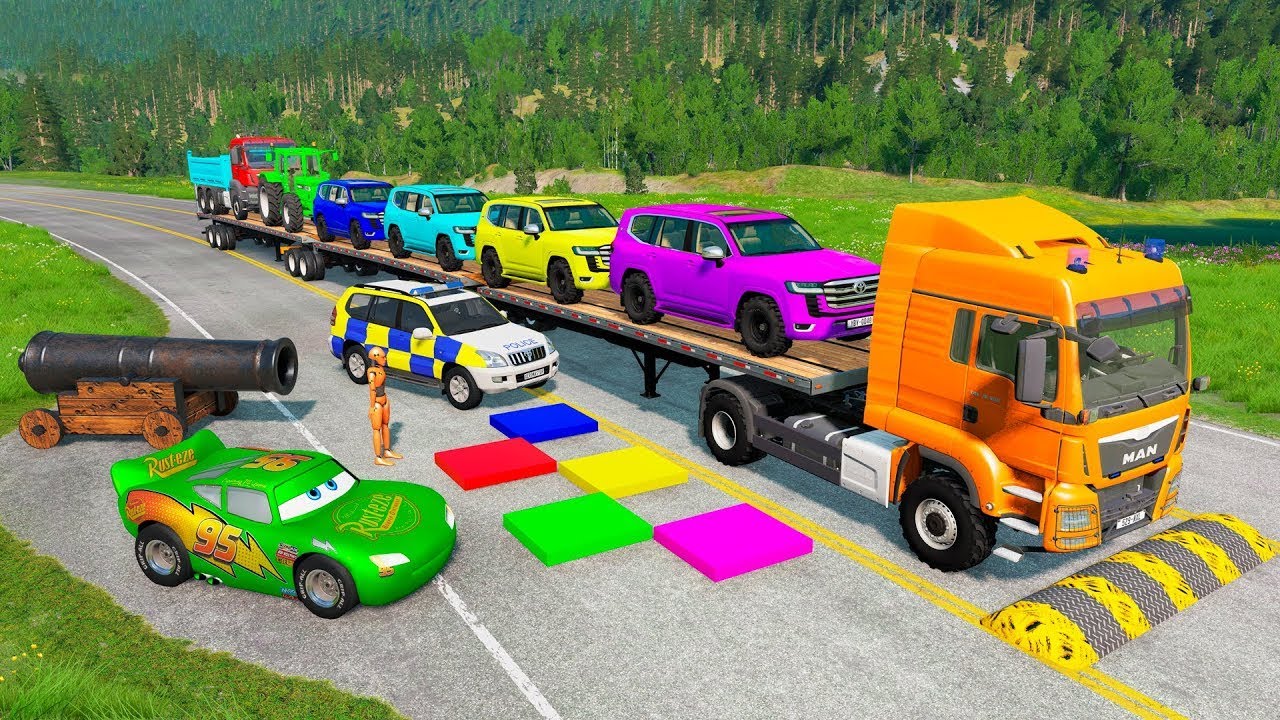 TRANSPORTING PIXAR CARS & FRUITS WITH COLORED & JOHN DEERE vs CLAAS vs TRACTORS - Beam NG.drive #46