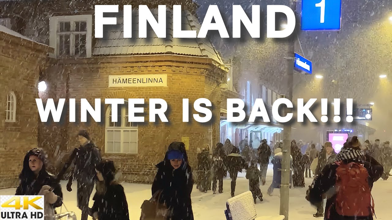 HÄMEENLINNA 4K WINTER NIGHT WALKING TOUR IN THE SNOW | FIRST SNOWFALL IN FINLAND 🇫🇮 