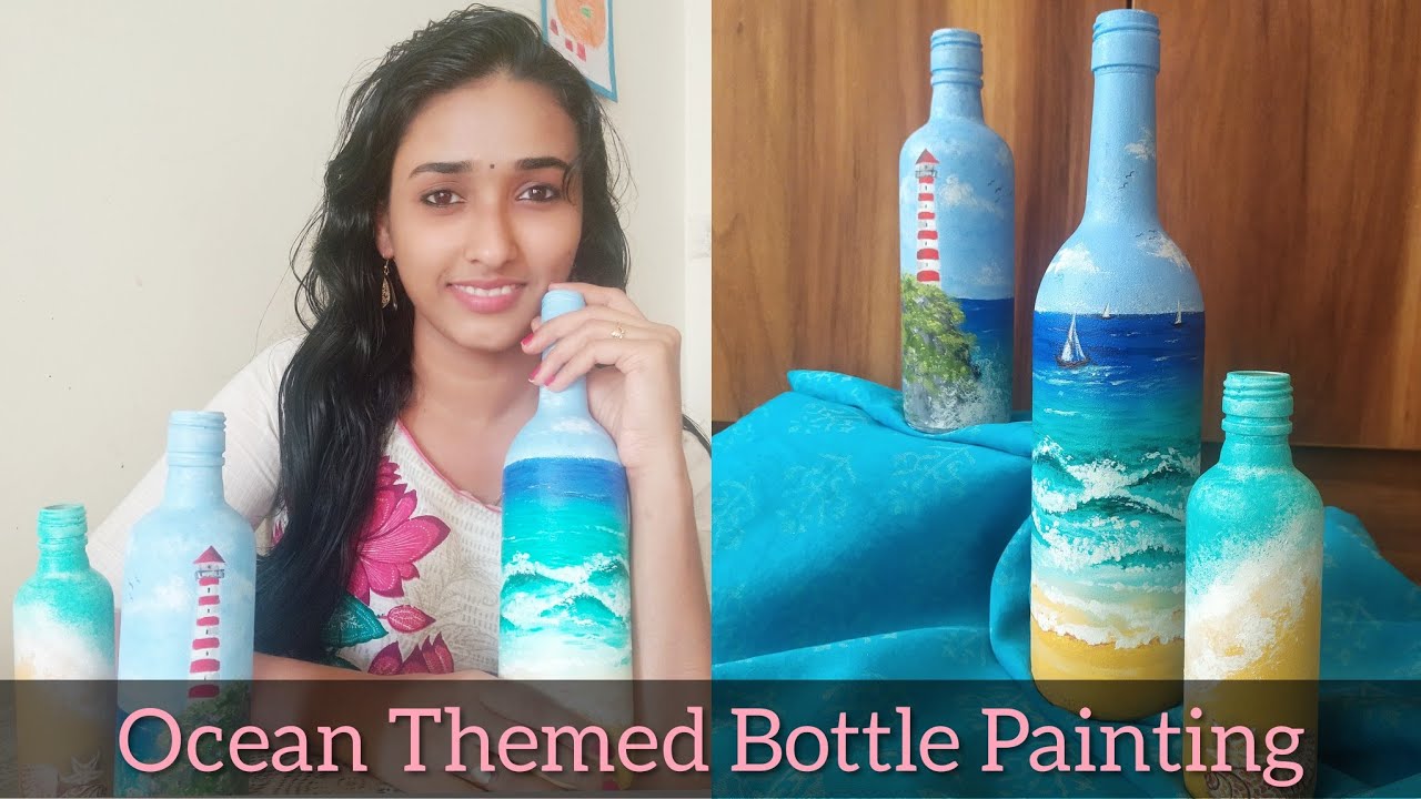 🌊Ocean ⛵🏖️Themed Bottle Painting using Acrylic colours| Bottle Art| Step by Tutorial in Malayalam|