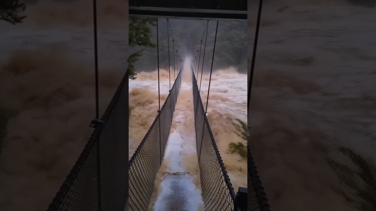 Time-lapse of flash flood reaching swingbridge - New Zealand #flashflood #risingfloodwater