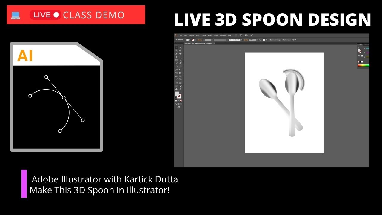 🎨 Live Adobe Illustrator Class with Kartick Dutta  Realistic Spoon 3D Design Tutorial