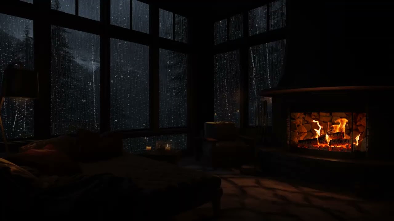 Gentle Woodland Rain Echoes at Night 🌧️ Rustic Cabin Fireplace Sounds for Total Relaxation