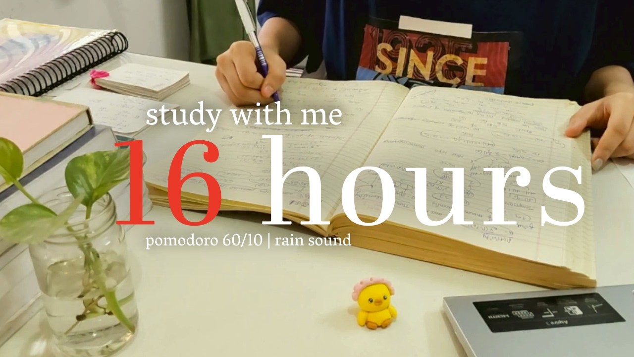 LIVE | 16 Hours study with me | gentle rain | 60 min study, 10 min break (14 sessions)