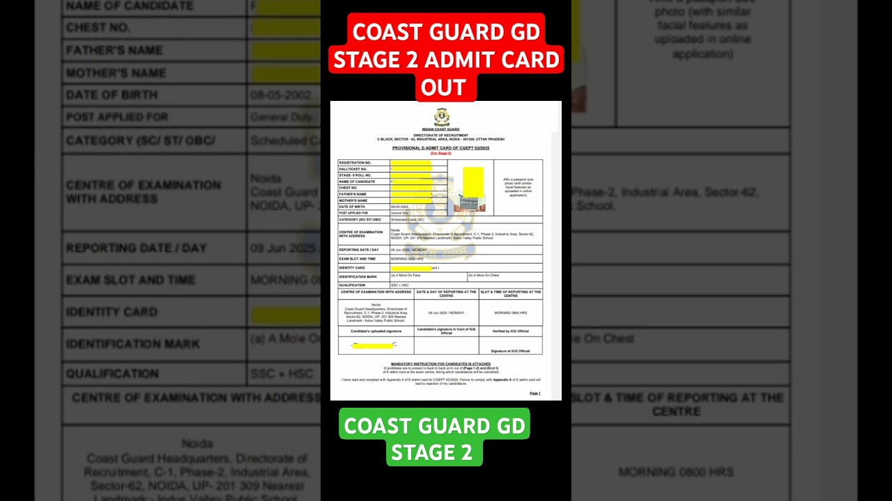 COAST GUARD GD STAGE 2 ADMIT CARD 2025 OUT 🤯| ICG GD PHYSICAL ADMIT CARD #shorts #coastguard