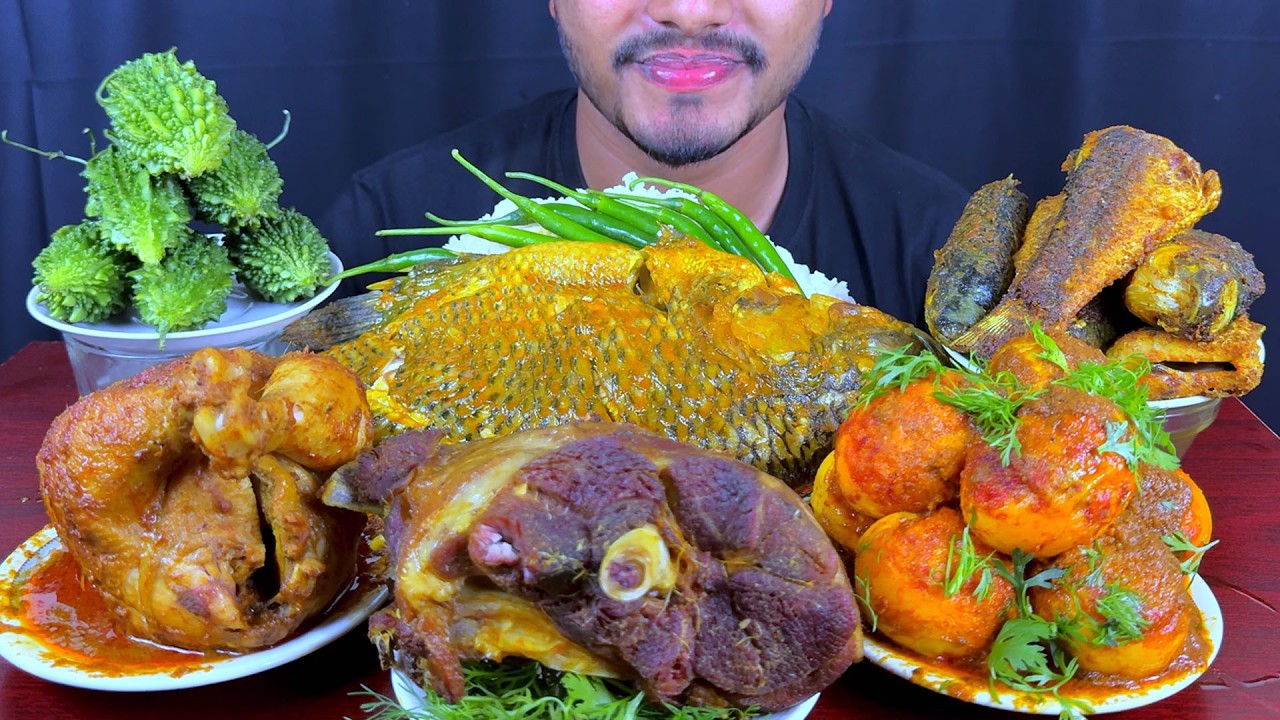 ASMR: Eating Spicy Whole Fish Curry, Egg Curry, Whole Chicken Curry, Fish Fry, Green Chili & Rice