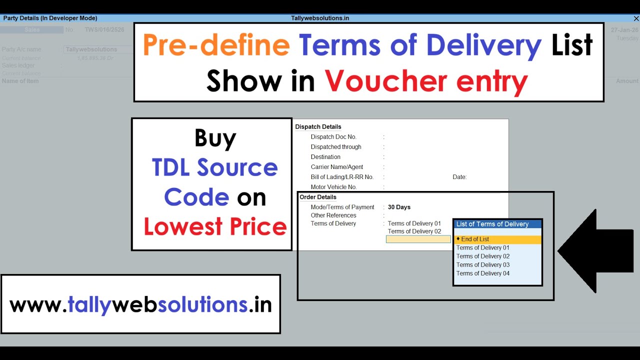 (Buy TDL Source Code Rs 40) Terms of Delivery Dropdown List Show in Voucher Entry in Tally Prime 7.0