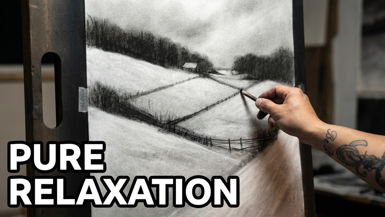 1 Hour Pure ASMR Charcoal Art 🎧 Snowy Winter Landscape ❄️