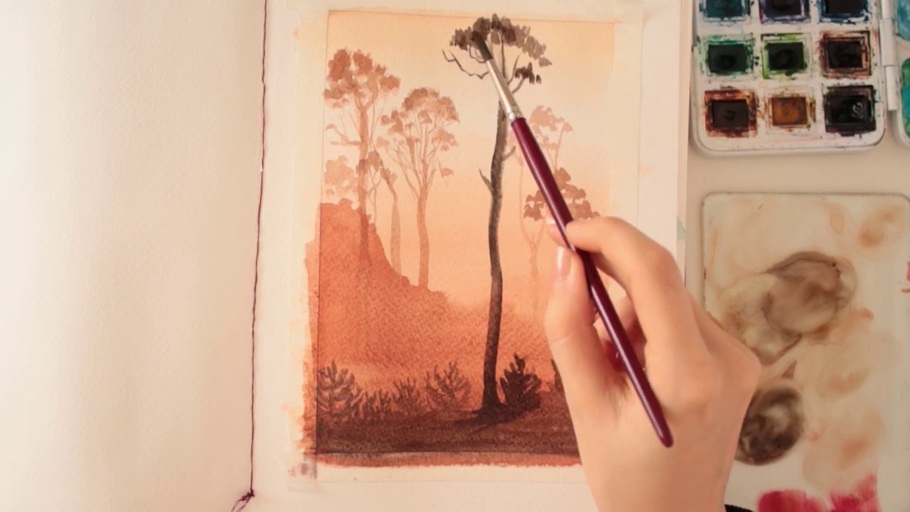 How To Paint With One Color Trees | Monochromatic Watercolor #Watercolor