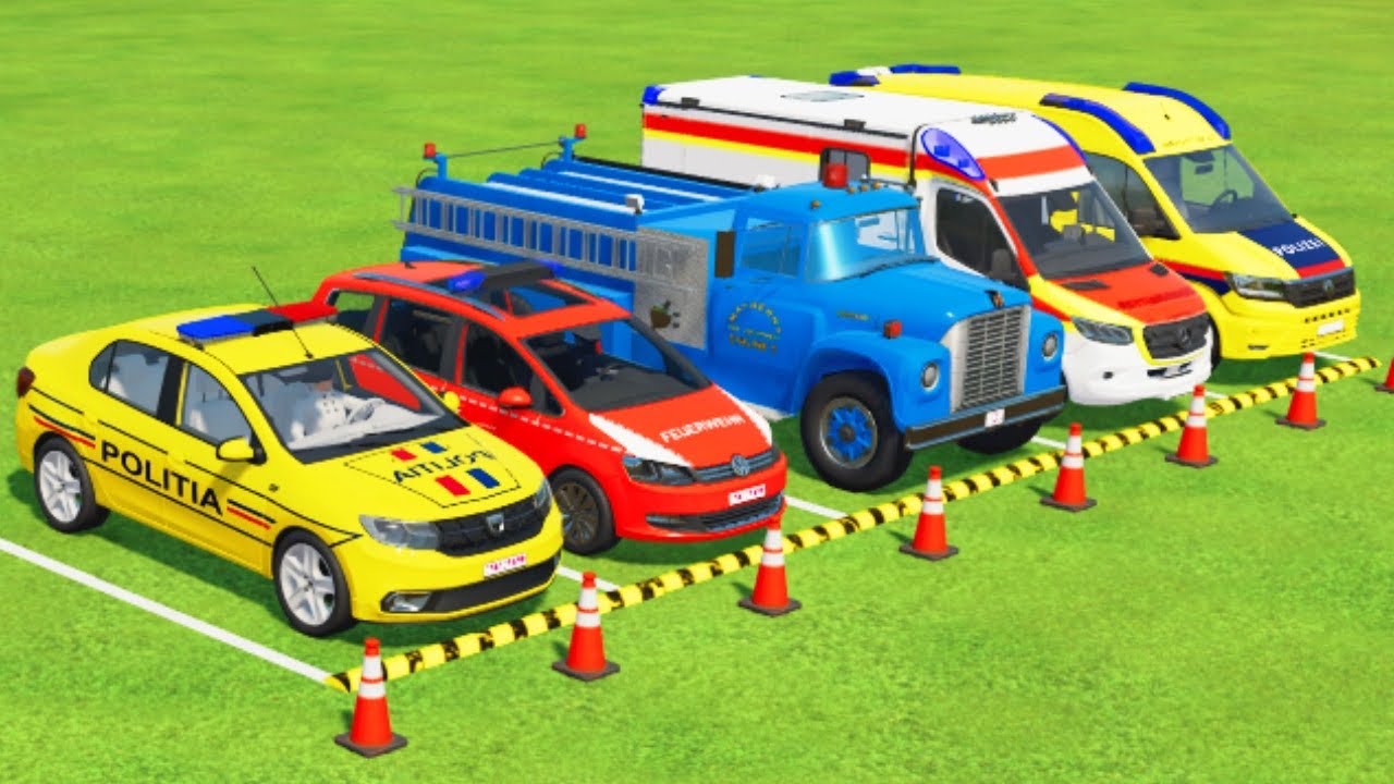 TRANSPORTING ALL POLICE CARS and AMBULANCE EMERGENCY VEHICLES WITH TRUCKS ! Farming Simulator 22