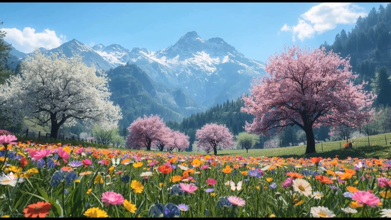 Spring Paradise 🌸 Blooming Flowers & Snowy Mountains | Relaxing Bird Sounds