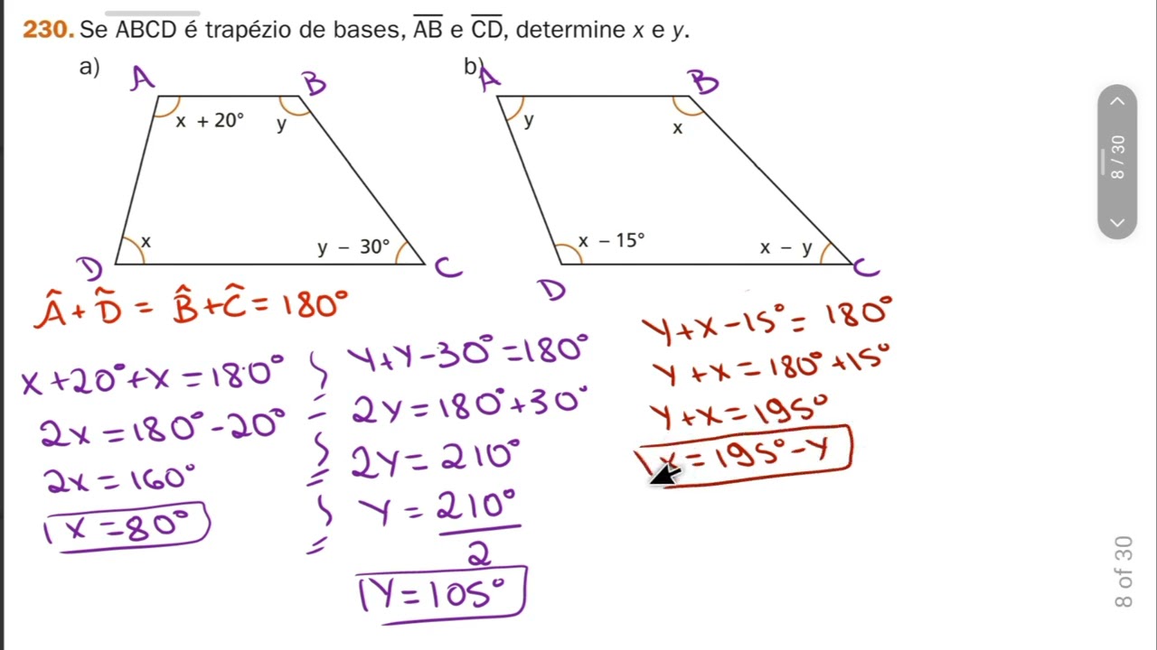 230-Se ABCD é trapézio de bases, AB e CD, determine x e y.