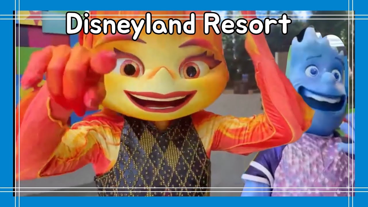 Elemental Characters Wade and Ember Greeting Guests at Pixar Fest 2024 Disneyland
