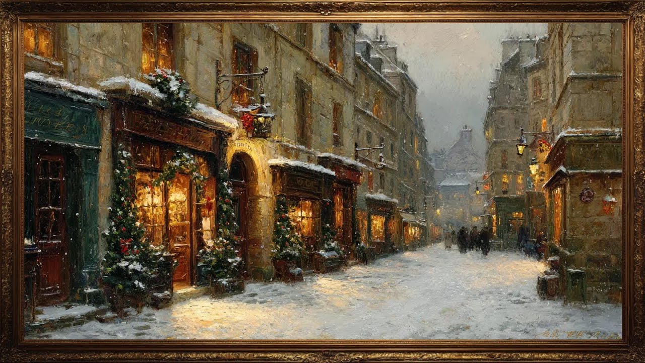 4K Christmas Art: Festive Parisian Street at Twilight | Elegant Holiday TV Screensaver
