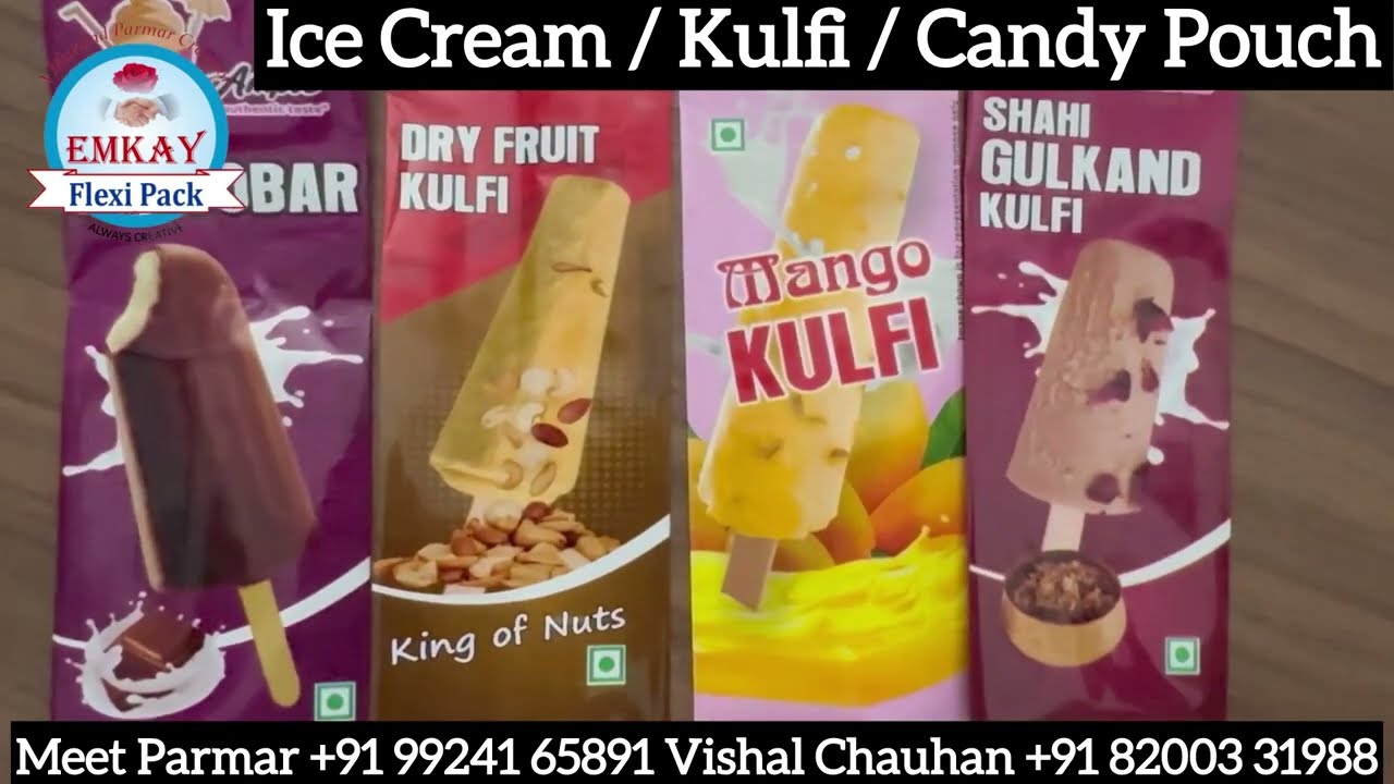 Four Ice Cream / Kulfi / Candy Cover Pouch Designs in One Set of cylinder printed Packaging Material