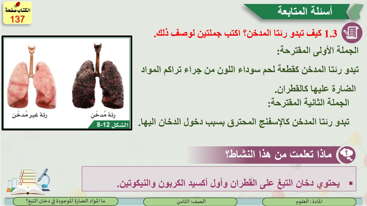 الصف الثامن   العلوم   ما المواد الضارة الموجودة في دخان التبغ