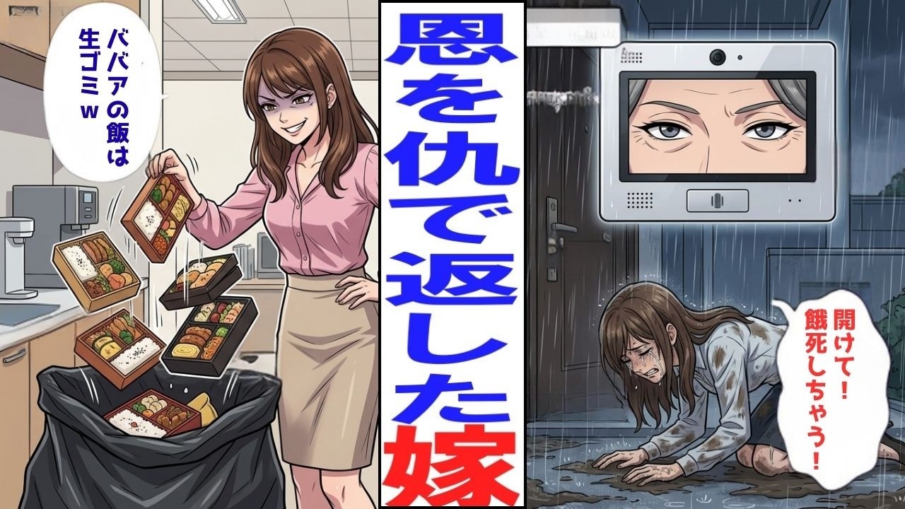 【漫画】「いつも助かってますぅ〜（笑）」3年間、私の手料理を即ゴミ箱へ捨てていた嫁。真実を知り援助を一切打ち切った結果…玄関前で泣き叫ぶ嫁に下された残酷な因果応報【神様はちゃんと見てる】