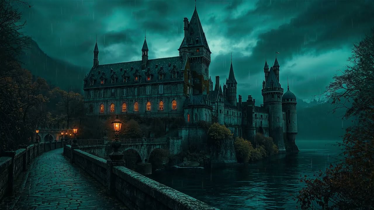 Dark castle rainstorm ambient soundscape relaxation