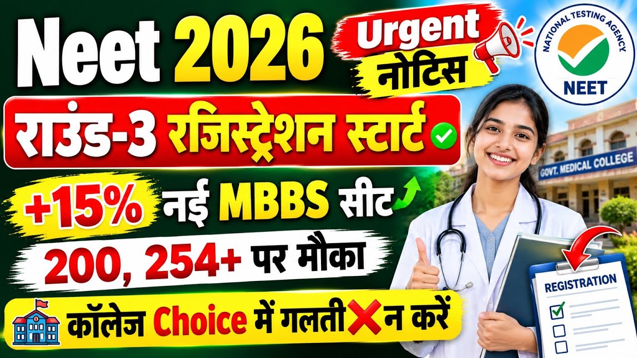 राउंड-3 रजिस्ट्रेशन🔥MBBS सीट खाली/MCC ROUND 3 EXPECTED CUT OFF 2026/NEET UG 2026 LATEST NEWS TODAY