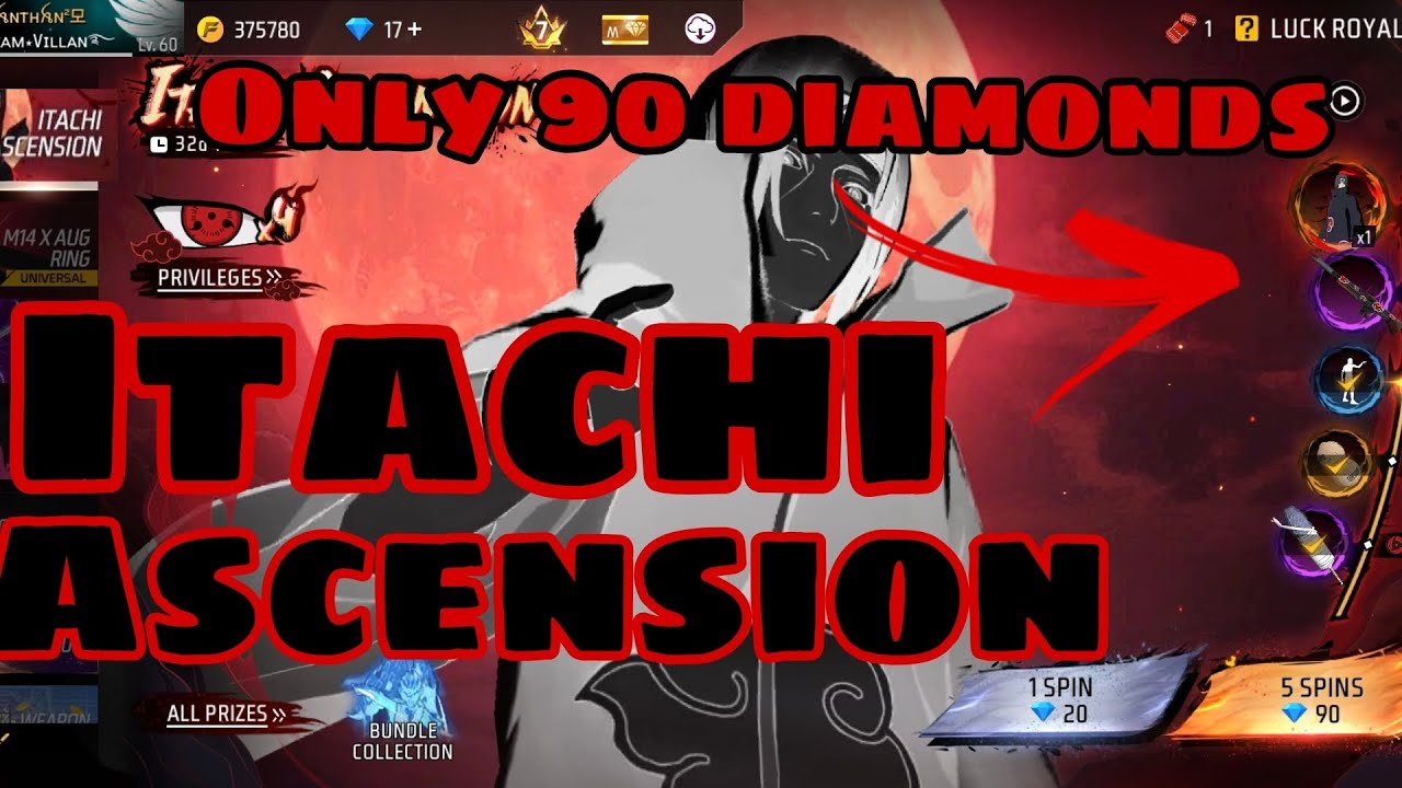 ITACHI IN FREE FIRE 🔥. TOKEN TOWER ITACHI ASCENSION SPIN VIDEO