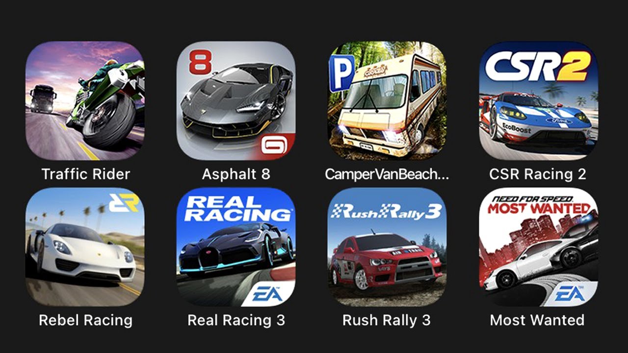 Traffic Rider, Asphalt 8, Camper Van Beach, CSR Racing 2, Rebel Racing, Real Racing 3, Rush Rally 3.