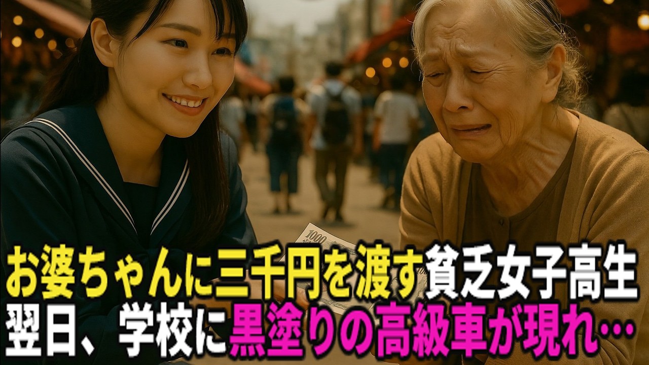 スリにあったお婆さんに全財産(三千円)を渡した母子家庭の女子高生。翌日、学校に黒塗りの高級車が現れ…