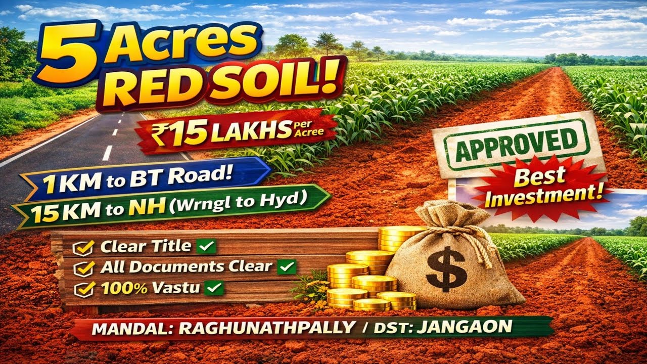 ✨ 5 Acres Red Soil Agricultural Land for Sale | Raghunathpally, Jangaon | ₹15 Lakhs/Acre.