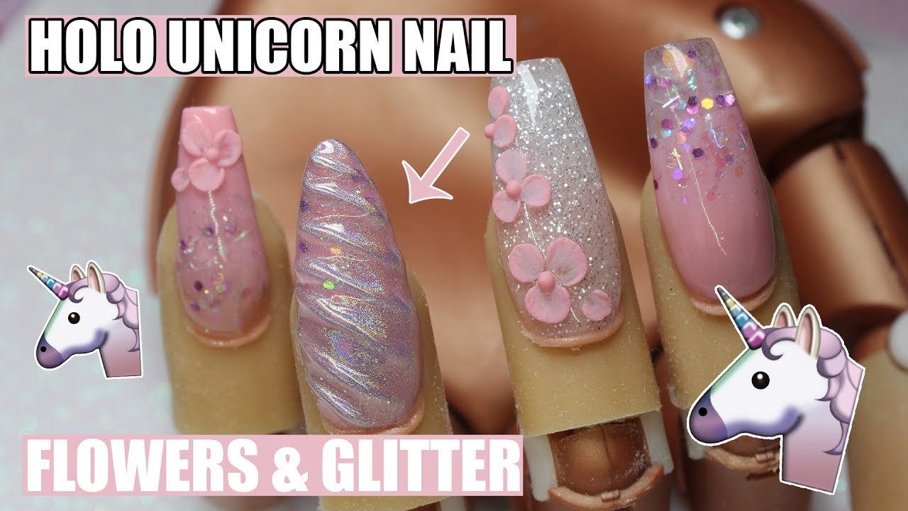 ACRYLIC NAILS | HOLO UNICORN HORN & 3D FLOWERS