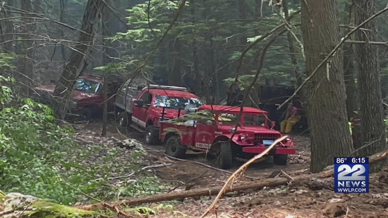 Multiple UTVs, ATVs, and brush trucks assisting brush fire in Leverett