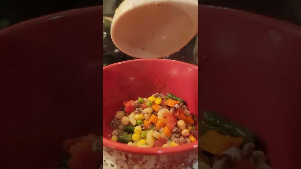 Busy Day soup. All you need are frozen veggies,  canned beans, pasta, ground beef. 