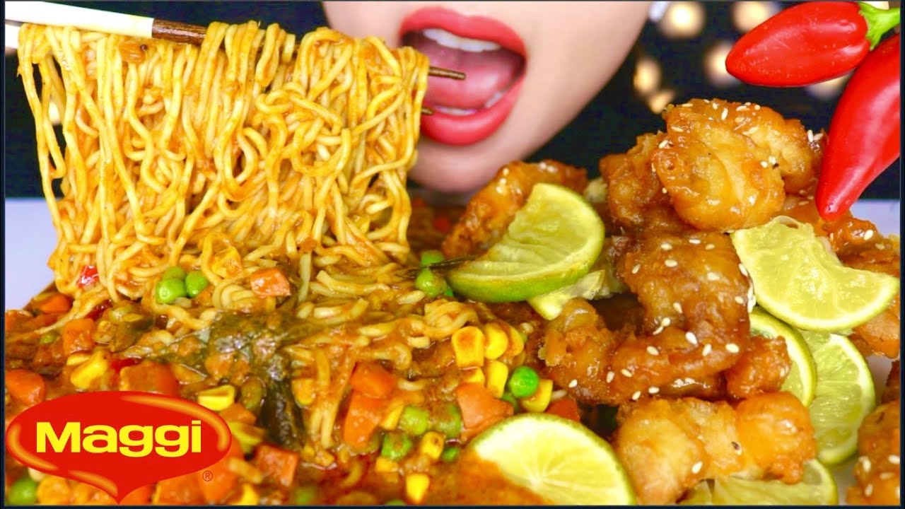 ASMR MAGGI MASALA BANJIR, CURRY GRAVY FLOODED FRIED NOODLES, HONEY LIME FRIED CHICKEN 咖喱面 咀嚼音 | 먹방