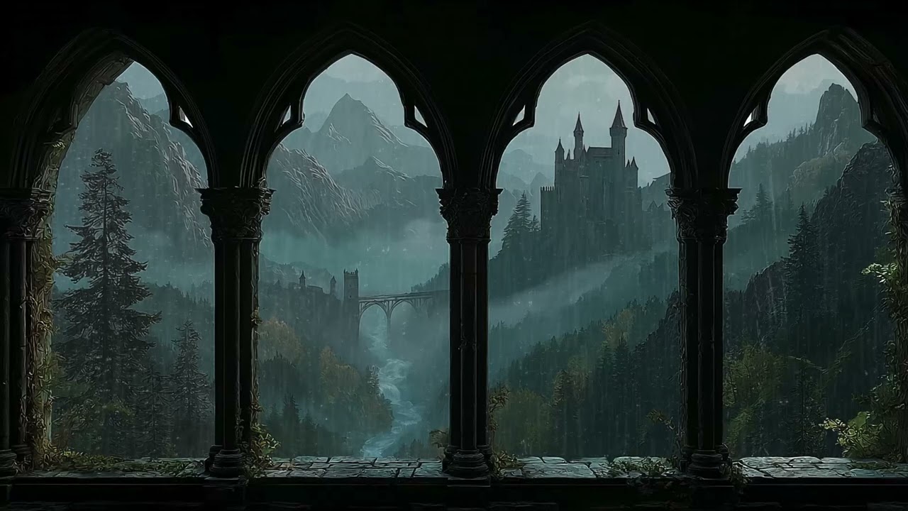 4K Gothic Window Castle Rain at Night from Medieval Castle - Insomnia, Tinnitus, Sleep Therapy