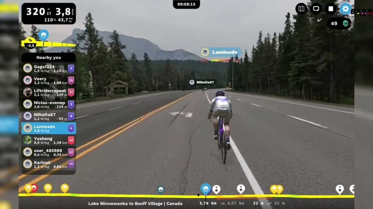 Lake Minnewanka to Banff Village time trial ROUVY ride on a Domyos EB 900 connected with QZ App