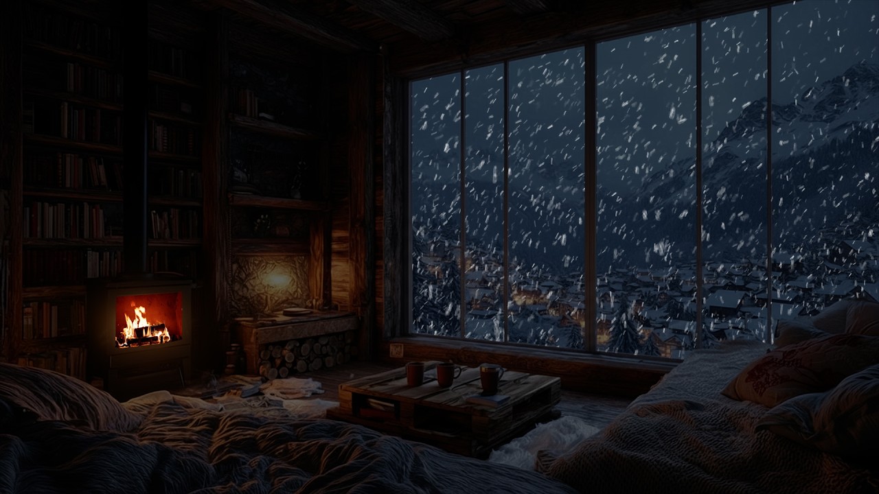 Falling Snow beside a Warm Fireplace ❄️ A Peaceful Winter Atmosphere for Deep Focus