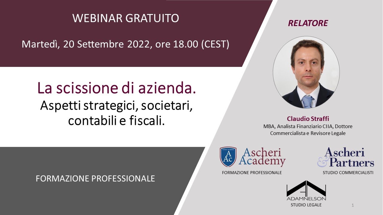 Webinar: La scissione di azienda. Aspetti strategici, societari, contabili e fiscali.