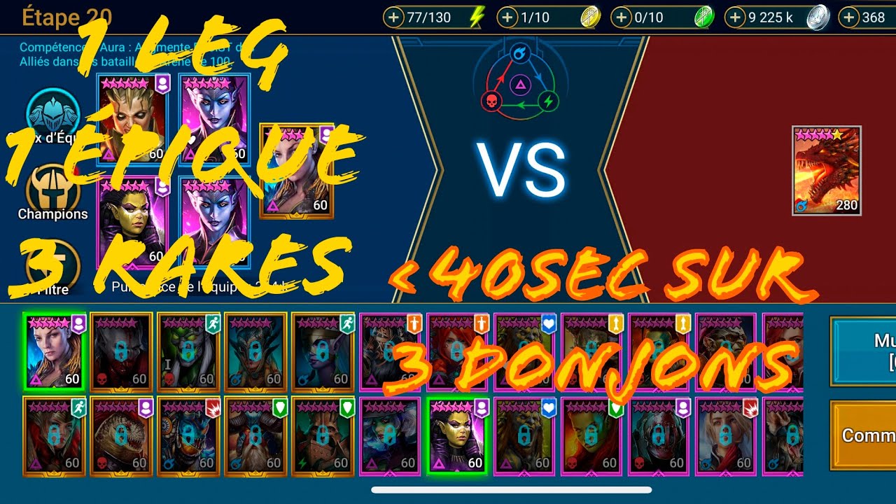 TEAM UNIQUE SPEEDRUN #2 DRAGON, CHEVALIER DE FEU ET ARAIGNÉE 20 EN 40 SEC / raid shadow legends fr