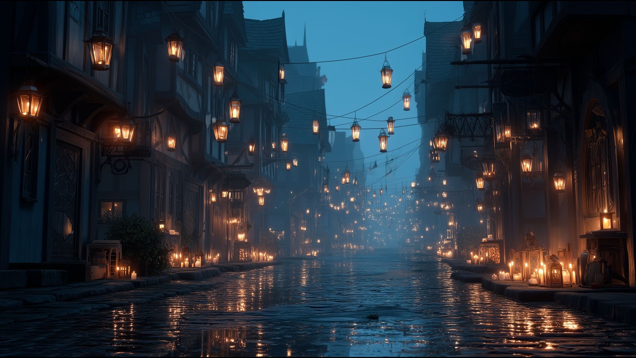Fantasy Medieval Ambient | Lantern Street at Night 🌙 Calm Music for Sleep & Relaxation