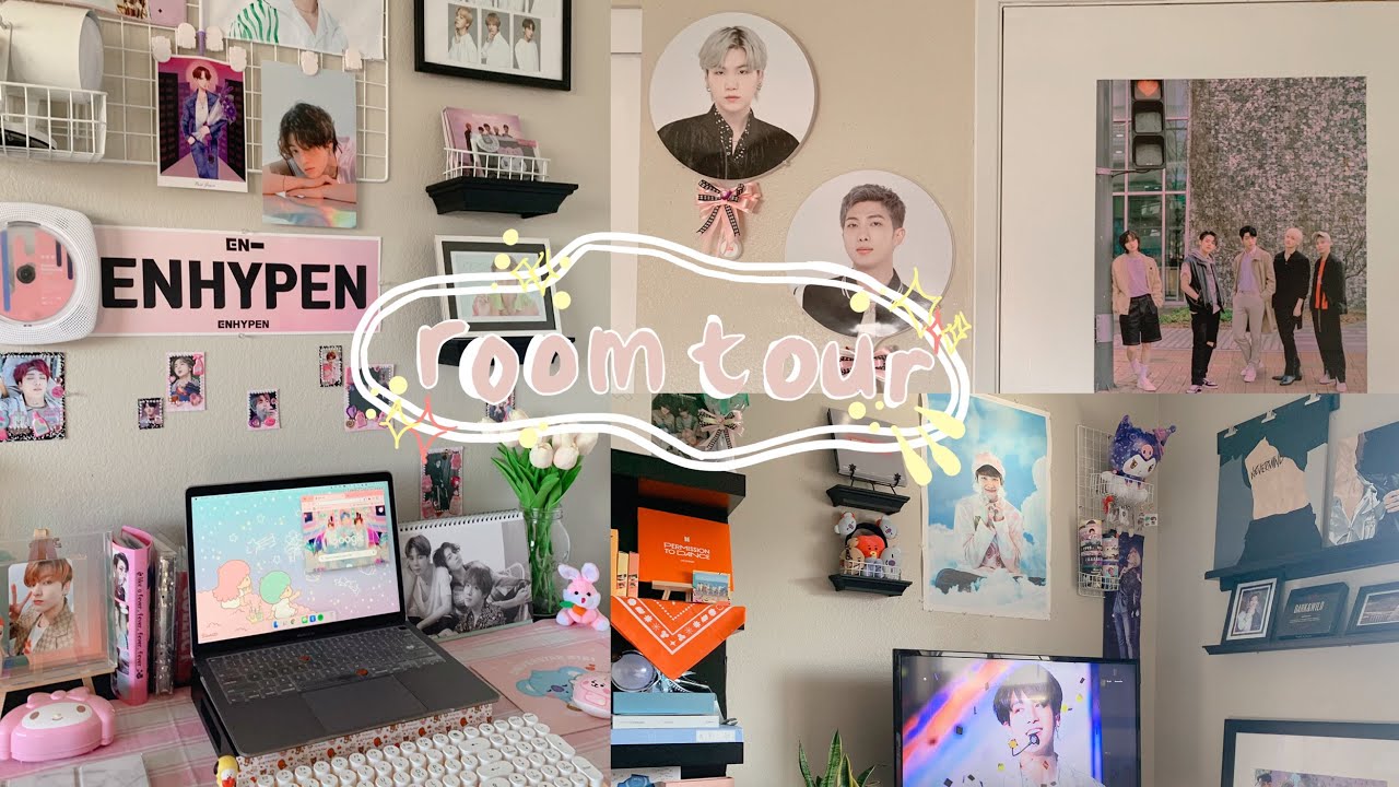 room tour 2022 (bts, txt, en-): 🌷kpop shelf, sanrio decor, aesthetic desk🍦