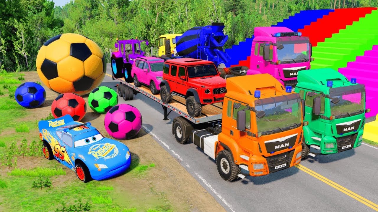 Flatbed Truck Mcqueen | Transportation with Truck - Speedbumps vs Cars vs Train #35 - BeamNG.drive