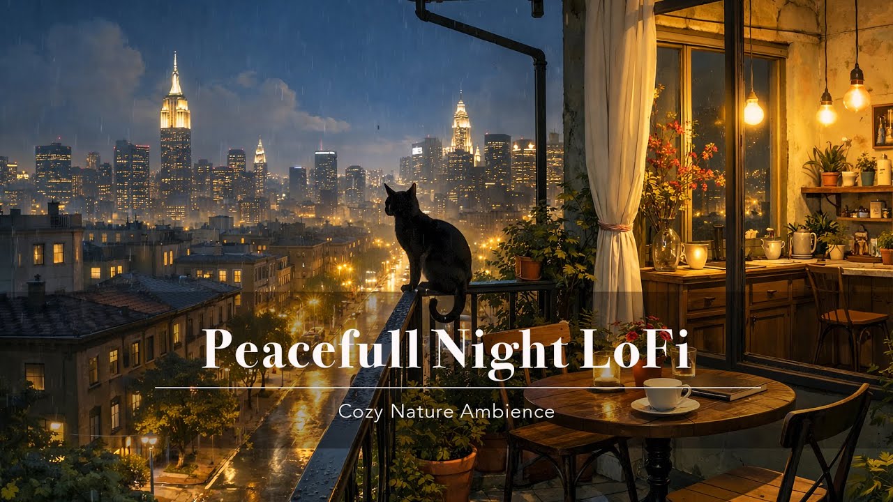 Ghibli-Inspired Rainy Night Cat Café 🌧️🐈‍⬛ | Cozy Lofi & Piano | Relax, Study & Unwind