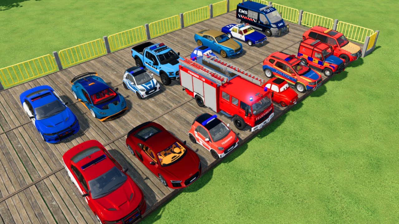 TRANSPORTING CARS, AMBULANCE, POLICE CARS, FIRE TRUCK OF COLORS! WITH TRUCKS! - FS 22