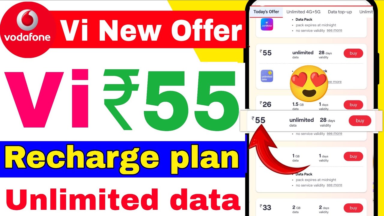 Vi ₹55 New Recharge plan | Vi ₹55 Plan unlimited data | Vi unlimited data plan | Vi Sabse sasta plan