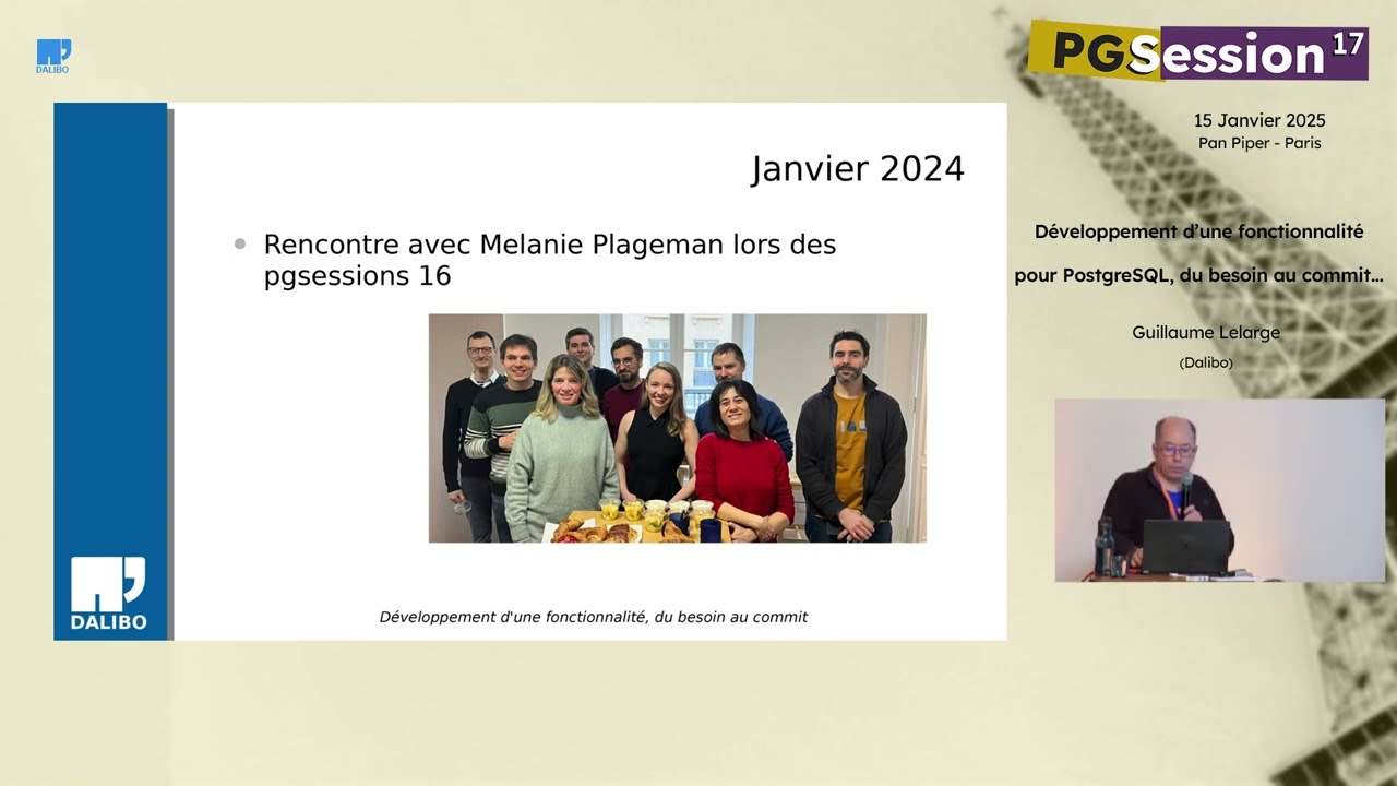Développement d'une fonctionnalité pour PostgreSQL, par Guillaume Lelarge (Dalibo)