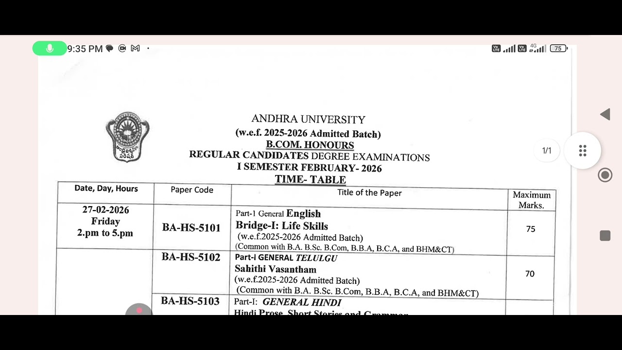 Andhra University degree honours first semester exams( 2025-26 A.B) time tables febuary