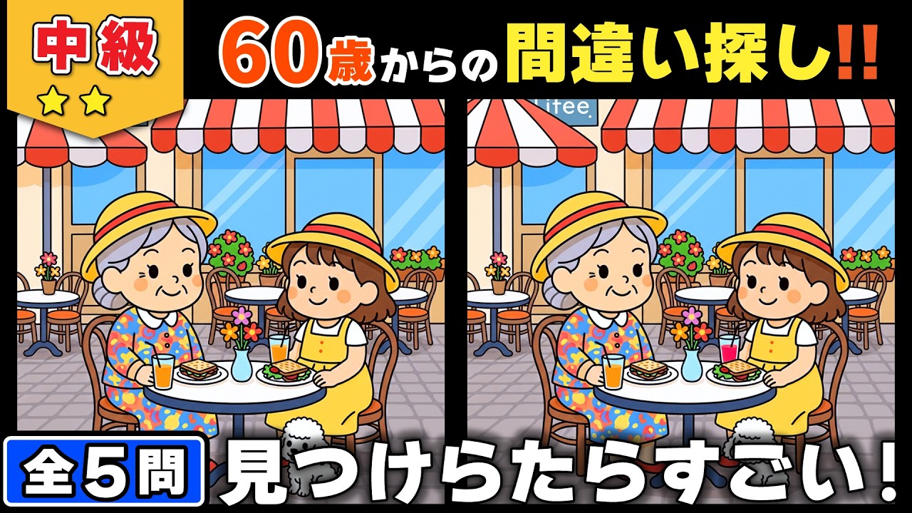 【脳トレ】間違い探し★中級編★全5問｜ほとんどの人が1つ見逃す観察力テスト #173