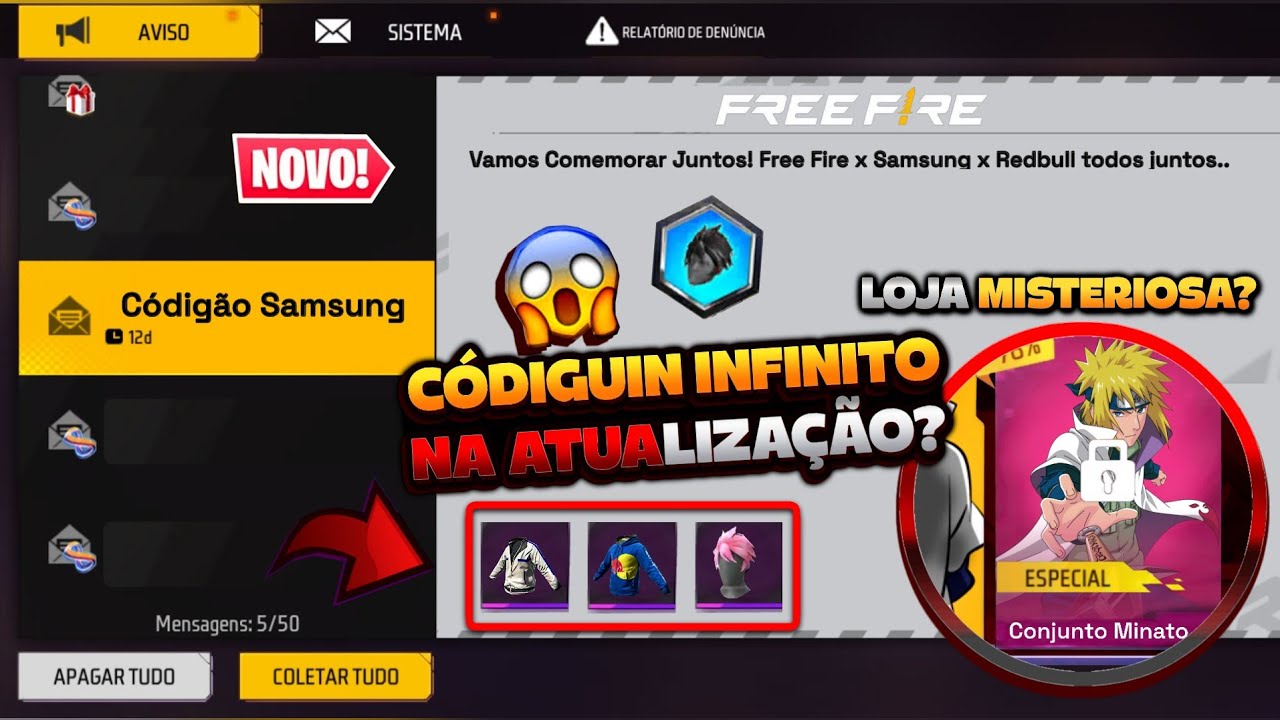 CORREE!! CABELO SURTO ROSA GRÁTIS? CÓDIGUIN DA SAMSUNG, LOJA MISTERIOSA DO MINATO E MAIS - FREE FIRE