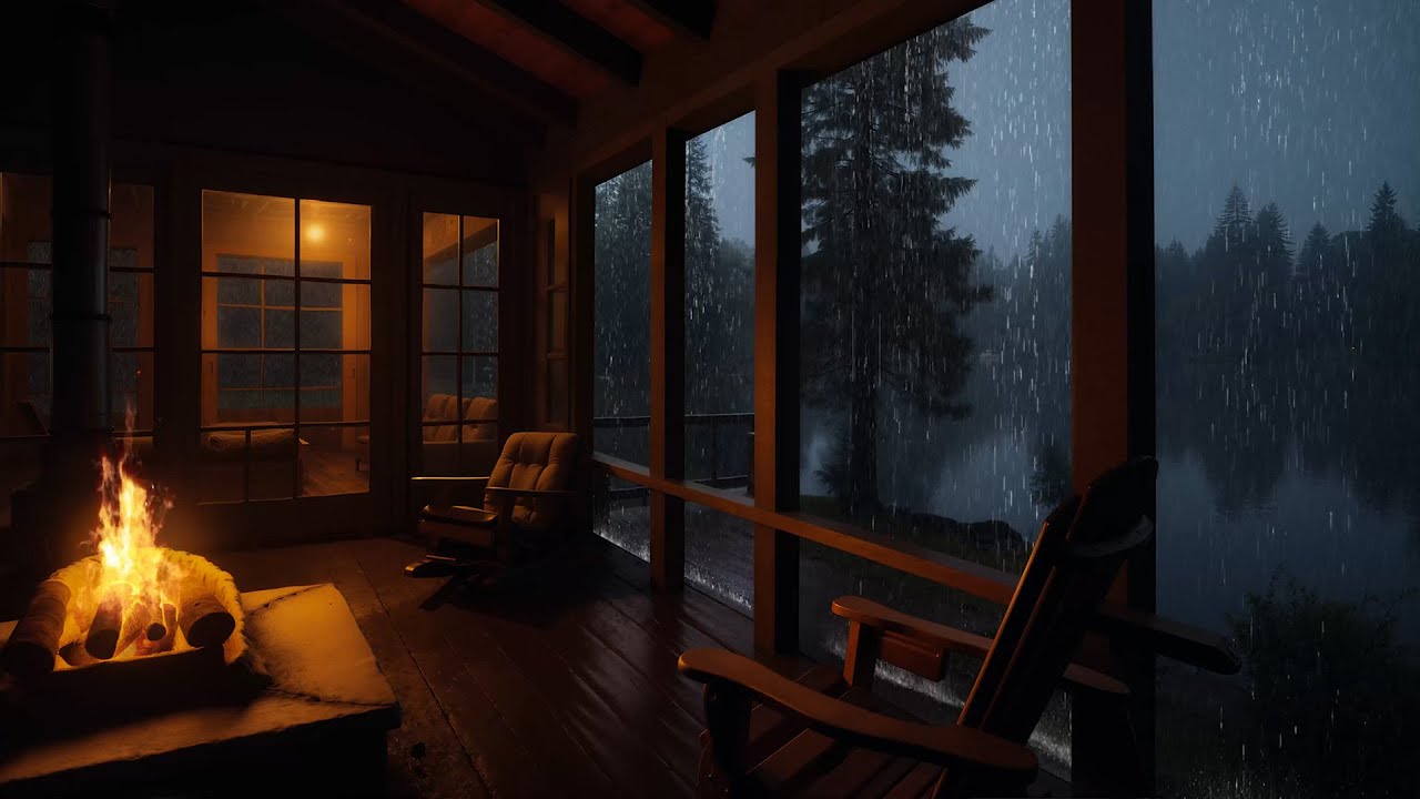 Soothing Nature Sounds in Cabin Porch | Rain by The Lake with Cozy Fire Crackling