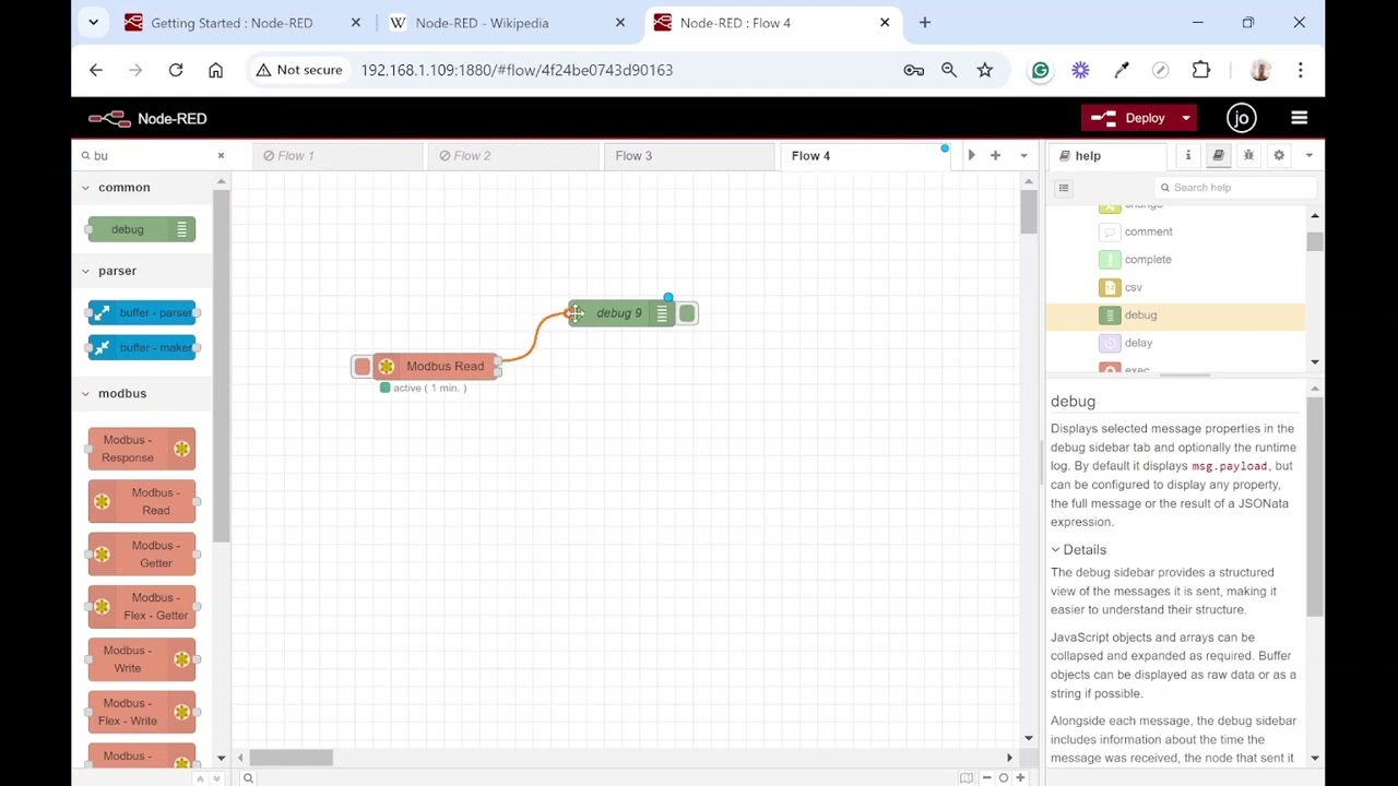 Using Node Red on a Raspberry Pi to connect through RS485, Modbus to the ME131 energy meter.