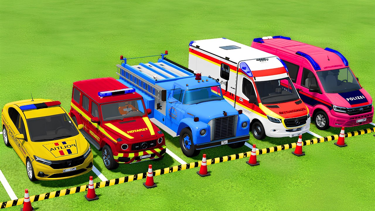 POLICE CARS, FIRE DEPARTMENT, AMBULANCE EMERGENCY VEHICLES TRANSPORTING WITH MAN TRUCKS ! FS25