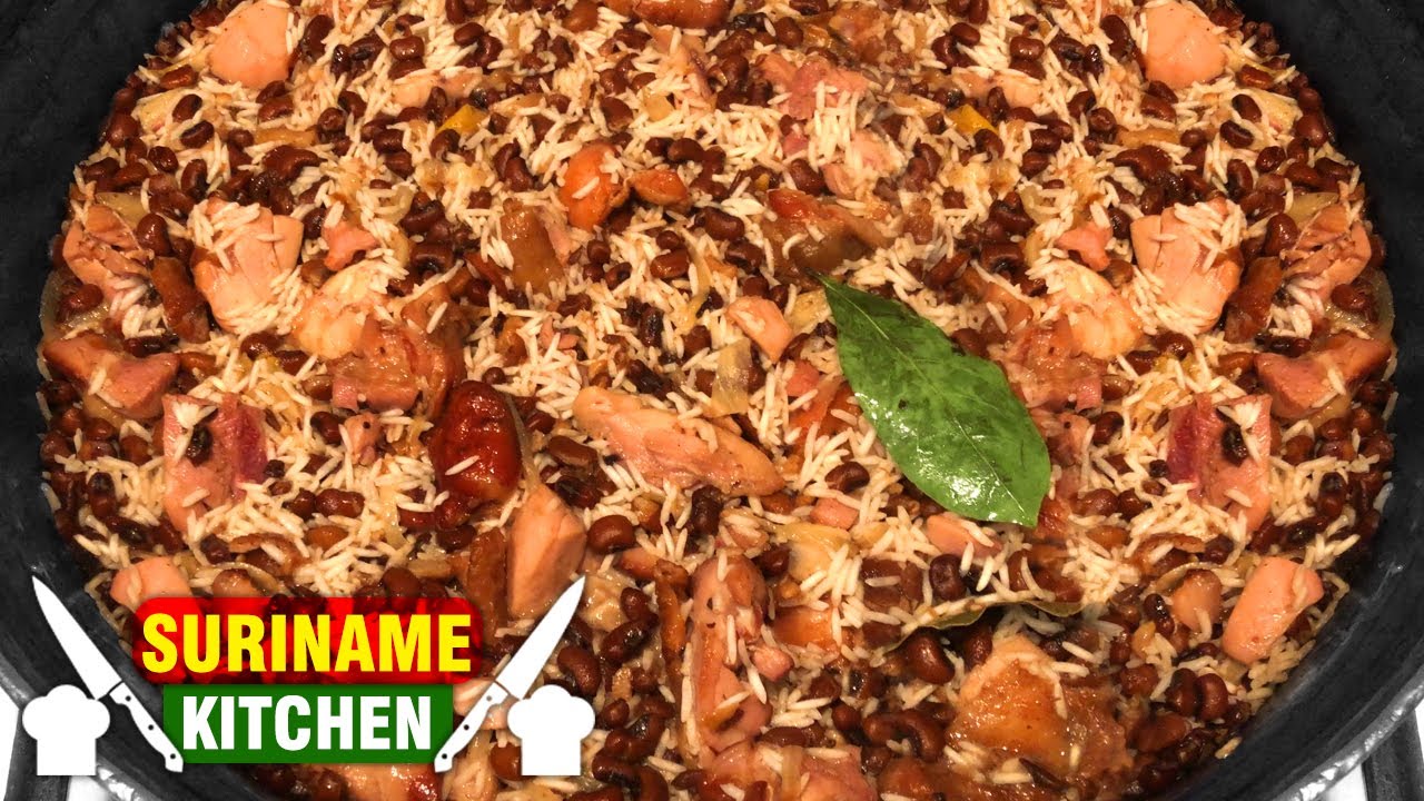 Surinaamse Moksi Alesi Met Gerookte Kip Stukjes En Jarpesie | Smoked Chicken Rice Jarpesie Beans