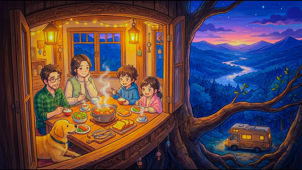 Peaceful Family Night in a Giant Tree House | Cozy Family Dinner Anime ASMR (Ghibli Style)